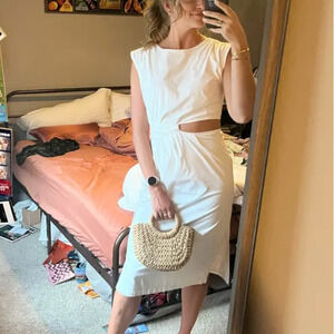 Love, Whit by Whitney Port White Midi Sheath Dress MEDIUM Cut Out Designer $360